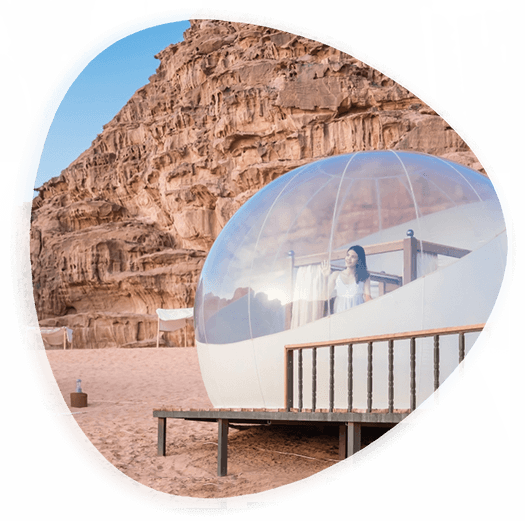 Premium Photo  Transparent bubble tent and woman doing yoga at glamping